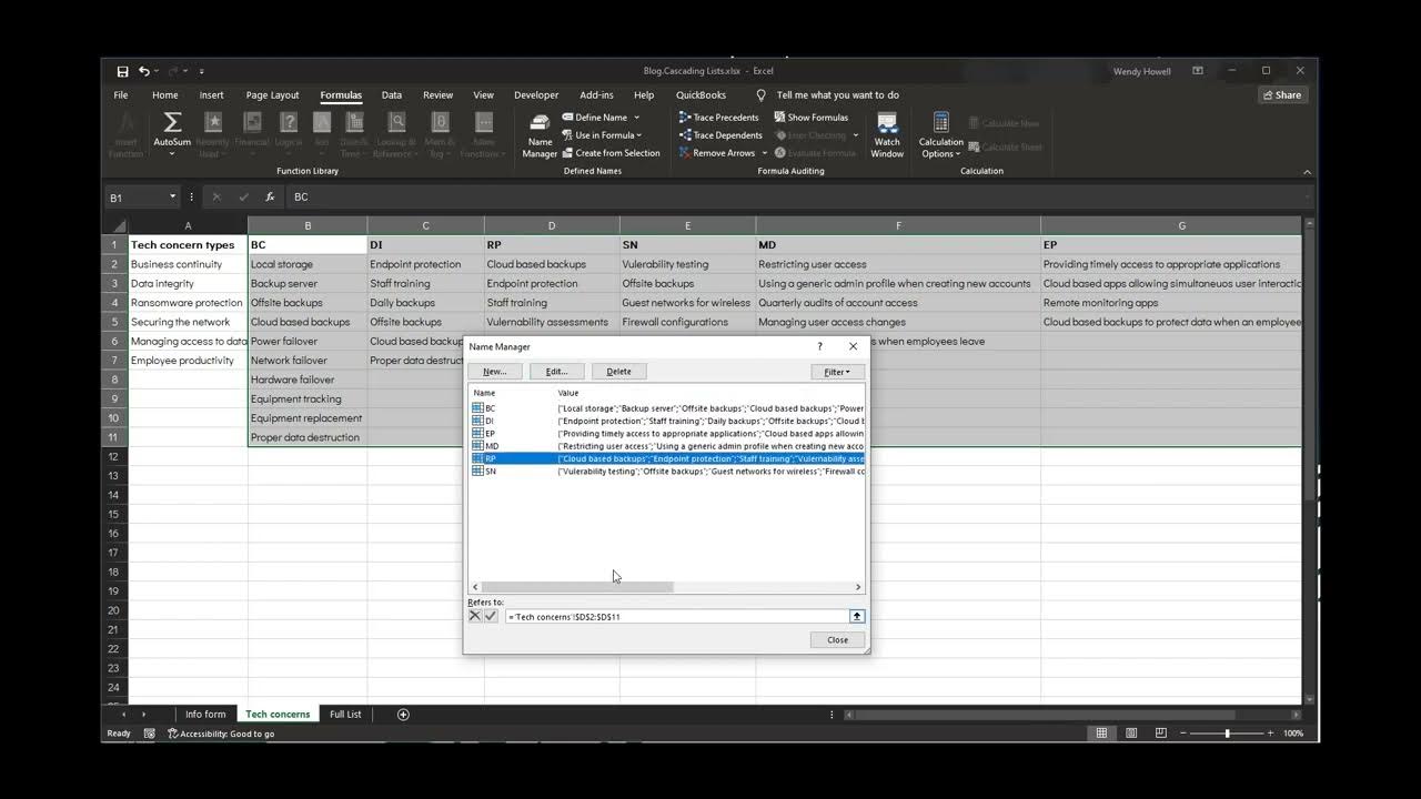 How to create forms in excel with cascading lists that control data