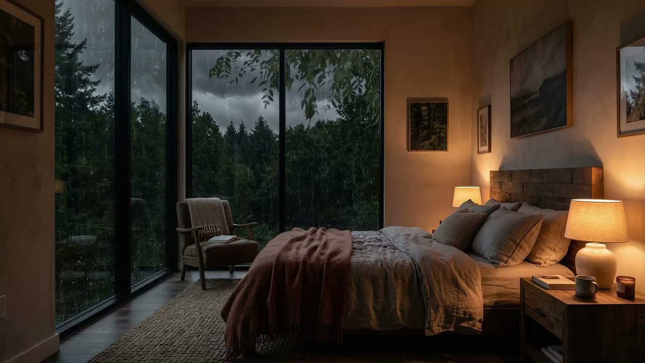 Steady Rain 🌧️ Beyond A Calm Bedroom Window While The Forest 🌲 Sways In Silver Mist
