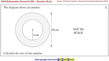 2015 Maths General 2 HSC Q28a Find area between 2 concentric circles (Area of annulus)