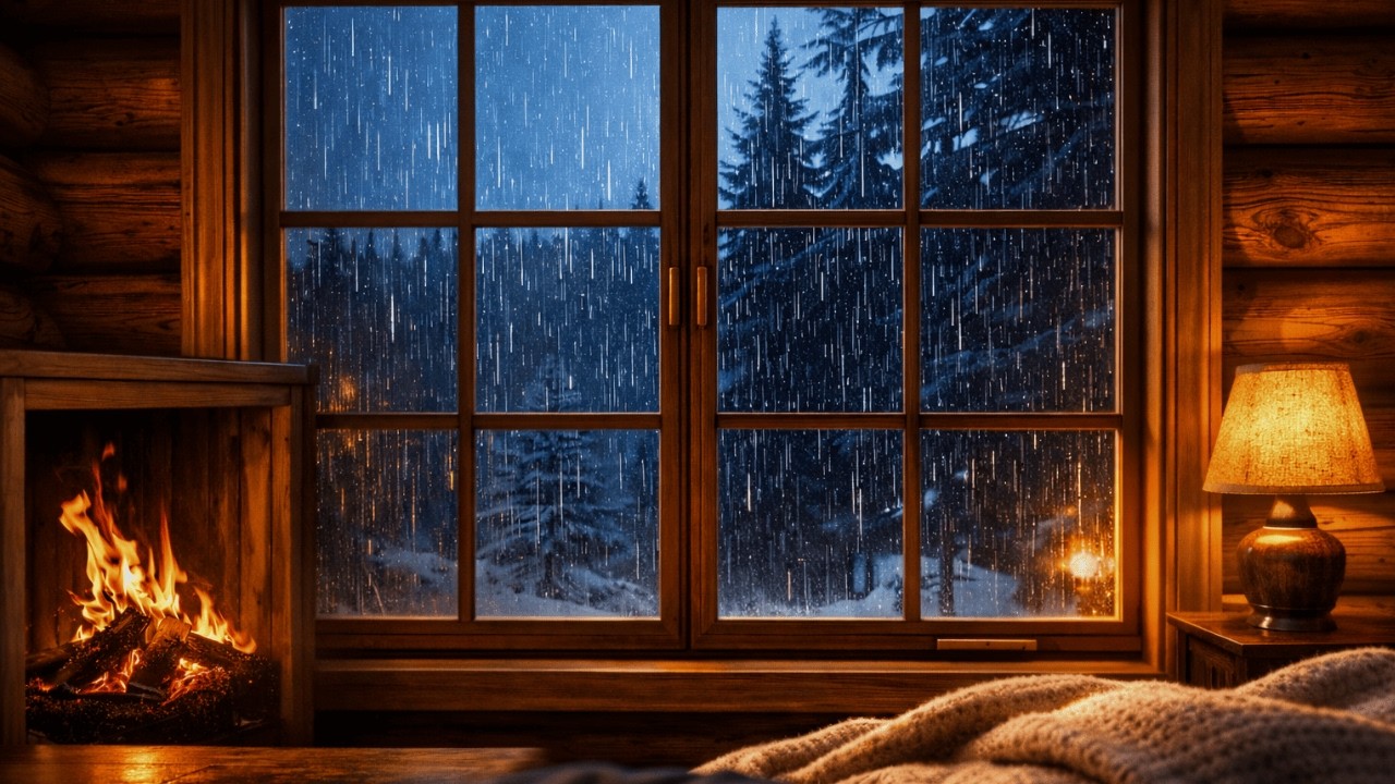 Heavy Rain on Window & Fireplace Ambience - Cozy Cabin Rain Sounds ...