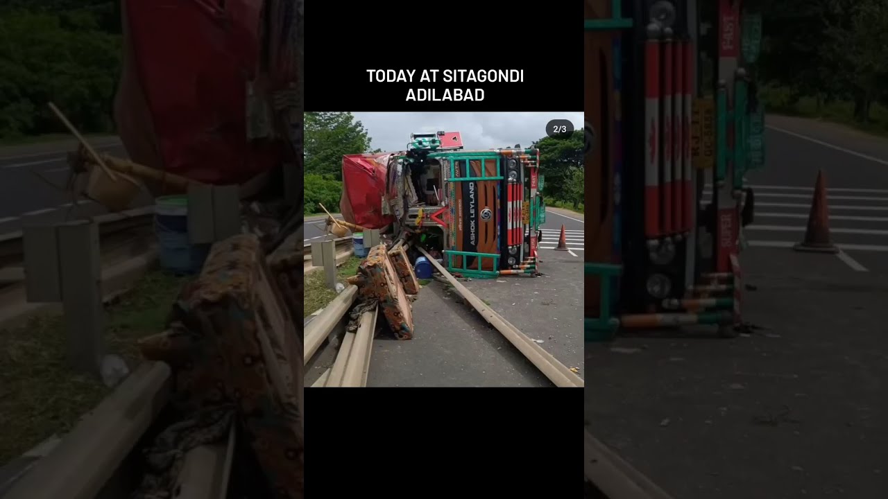 CONTAINER LORRY Accident in Highway to Save a BIKE- Adilabad, Telangana 2023