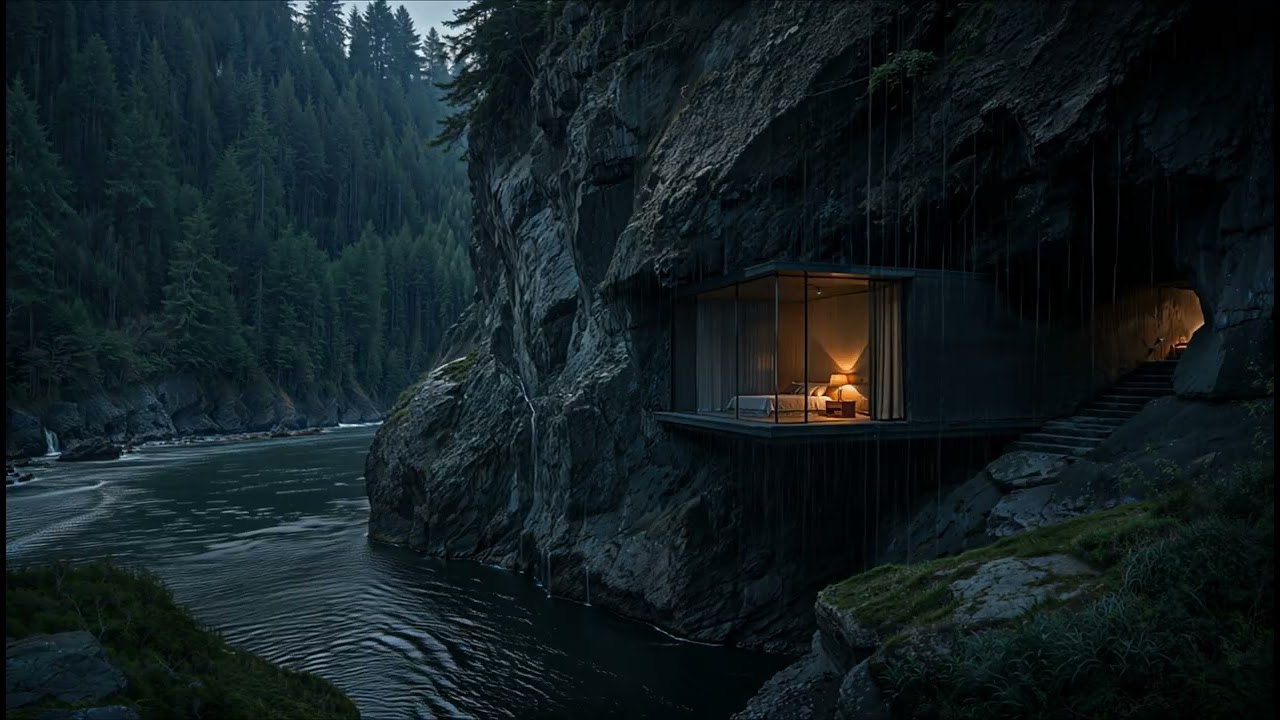 Cliffside River Rain in the Evening – Cozy Forest Cabin | No Thunder