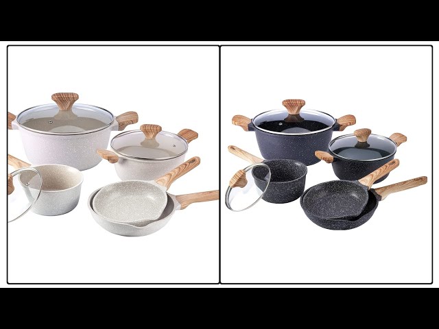  Country Kitchen Nonstick Induction Cookware Sets - 8 Piece  Nonstick Cast Aluminum Pots and Pans with BAKELITE Handles - Non-Toxic Pots  and Pans- Speckled Cream with Light Wood Handles: Home 