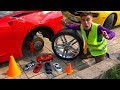 Mr joe found a lot of toys cars corvette  lamborghini vs ferrari  camaro in car wash for kids