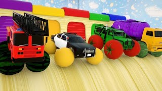 🟡🟢 LEARN COLORS with Police fire cars truck, Fruit Wheel Stick - Cars Cartoon Assembly Tyre 🟡🟢