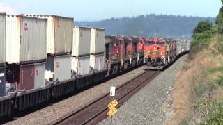 BNSF Stack Train Meets Manifest at Edmonds, WA 8-6-13