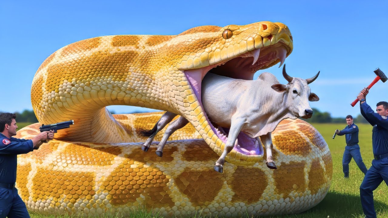 Emergency Rescue Team Saves an Exhausted White Bull from a Deadly Python Attack
