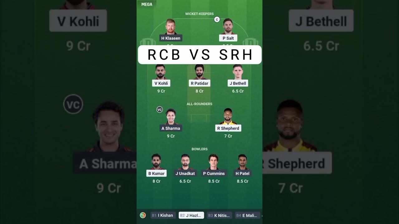 RCB VS SRH DREAM 11 WINNING TEAM PREDICTION DREAM 11 TEAM PREDICTION BANGALORE VS HYDERABAD 