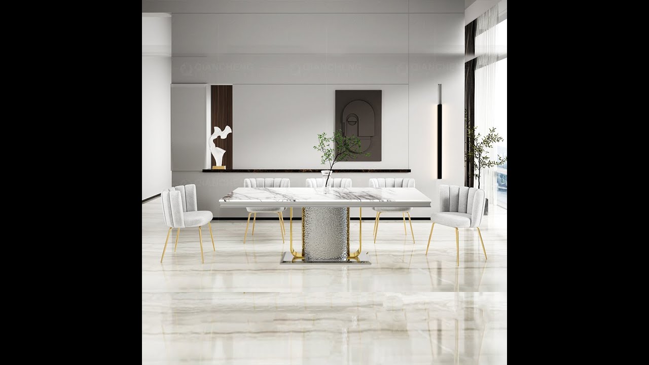 Qiancheng furniture modern luxury gold metal base dining table YouTube