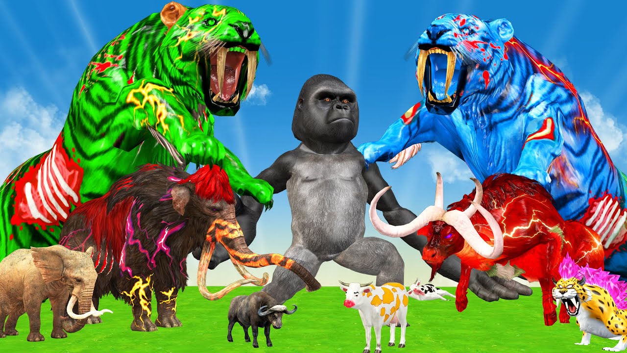 10 Mammoth Elephant Cow vs 5 Giant Tiger vs 5 Zombie wolf Attack Cow Saved By Mammoth Elephant