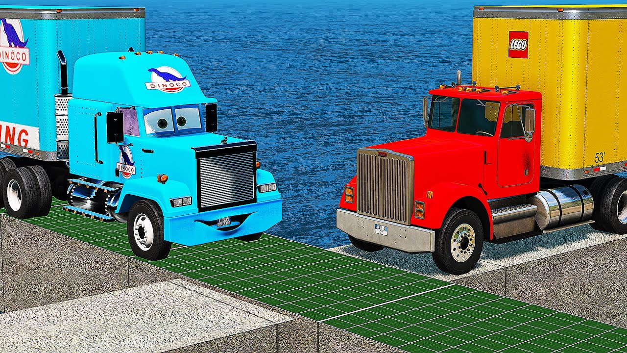 Dinoco Truck vs Lego Truck vs Matrix Bridge Crossing Tracks - BeamNG.Drive