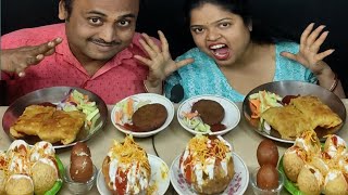 RAJKACHORI DAHI  PURI EGG MUGLAY PARATHA CHICKEN CUTLET PANTUA EATING CHALLENGE