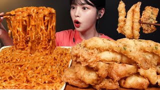 SUB)Buldak Carbonara Noodles with Crispy Fish and Chips Mukbang ASMR