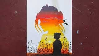 Girl Silhouette Acrylic Painting For Beginners From Small Dots on Canvas EasyPainting ASMR  06