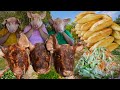 Cooking pig head delicious recipe  deep fried pig head crispy and stew yummy village eating