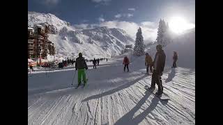 Skiing in through Avoriaz village in January 2024