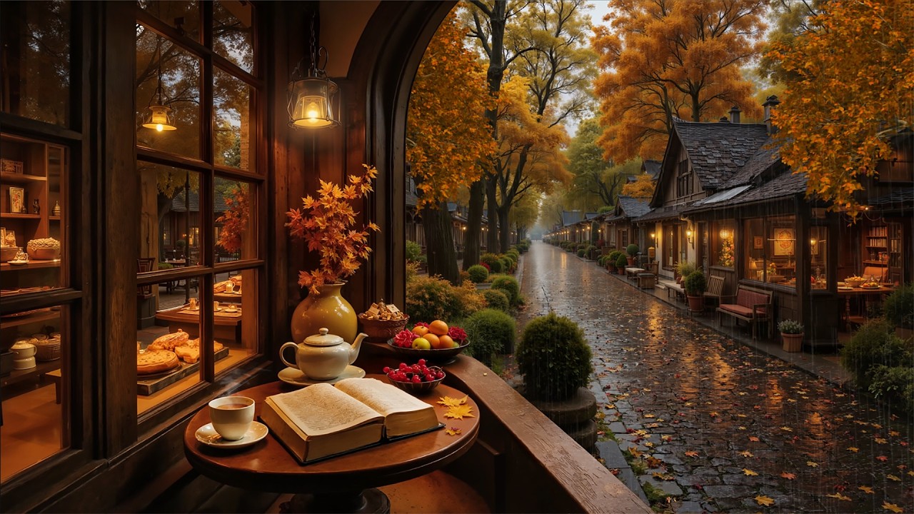 Cozy Autumn Coffee Shop Ambience 🍂 Relaxing Piano Jazz Music & Rain ...