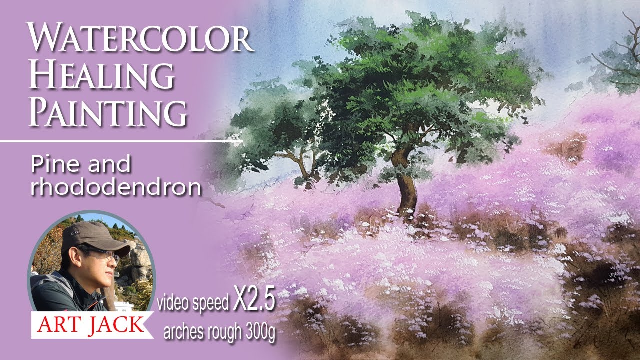 Watercolor landscape | Spring Flower Drawing | Pine and rhododendron ...