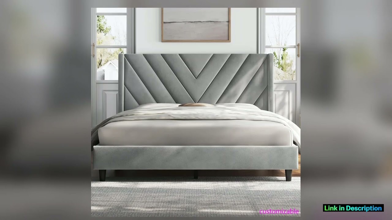 Queen Bed Frame Upholstered Platform Bed with Wing SideWooden Slat SupportTufted Headboard with