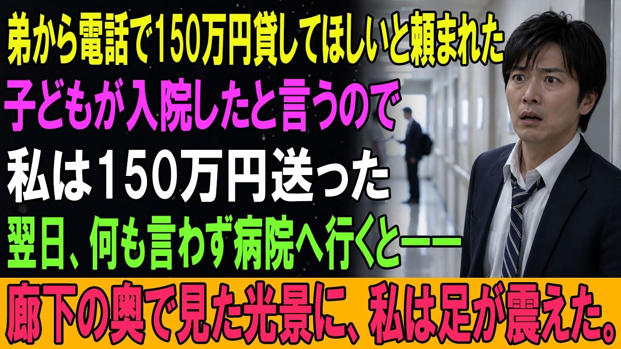 弟から電話で150万円貸してほしいと頼まれた。子どもが入院したと言うので、私は150万円送った。翌日、何も言わず病院へ行くと――廊下の奥で見た光景に、私は足が震えた。
