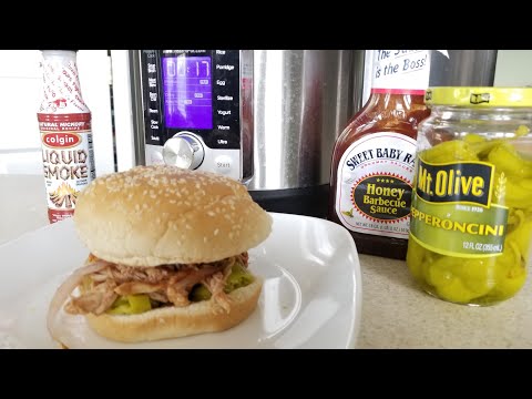 Instant Pot Ultra Mini Pulled BBQ Chicken Sandwhich Pepperoncini & red onions Sweet Baby Rayes Honey