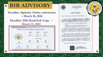 BIR ADVISORY 2024: Extended DEADLINE BIR form 2316 submission and ONLINE submission of Alphalist