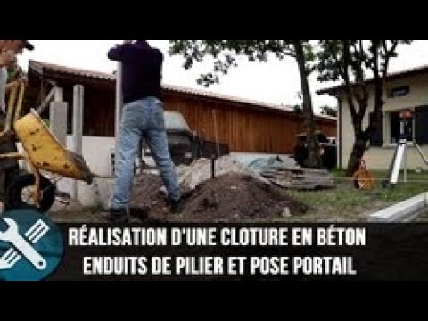 BricolageVlogs - Réalisation d'une clôture béton et bois , enduit des piliers et pose du portails