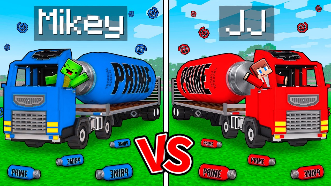 JJ and Mikey : BLUE vs RED PRIME Truck Battle in Minecraft ! - Maizen
