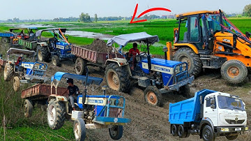 Jcb 3dx Loading Mud in 3 Swaraj 744 Plus 735 Plus 744 Tractor Hmt 4022 Tractor || Gcp Tractors