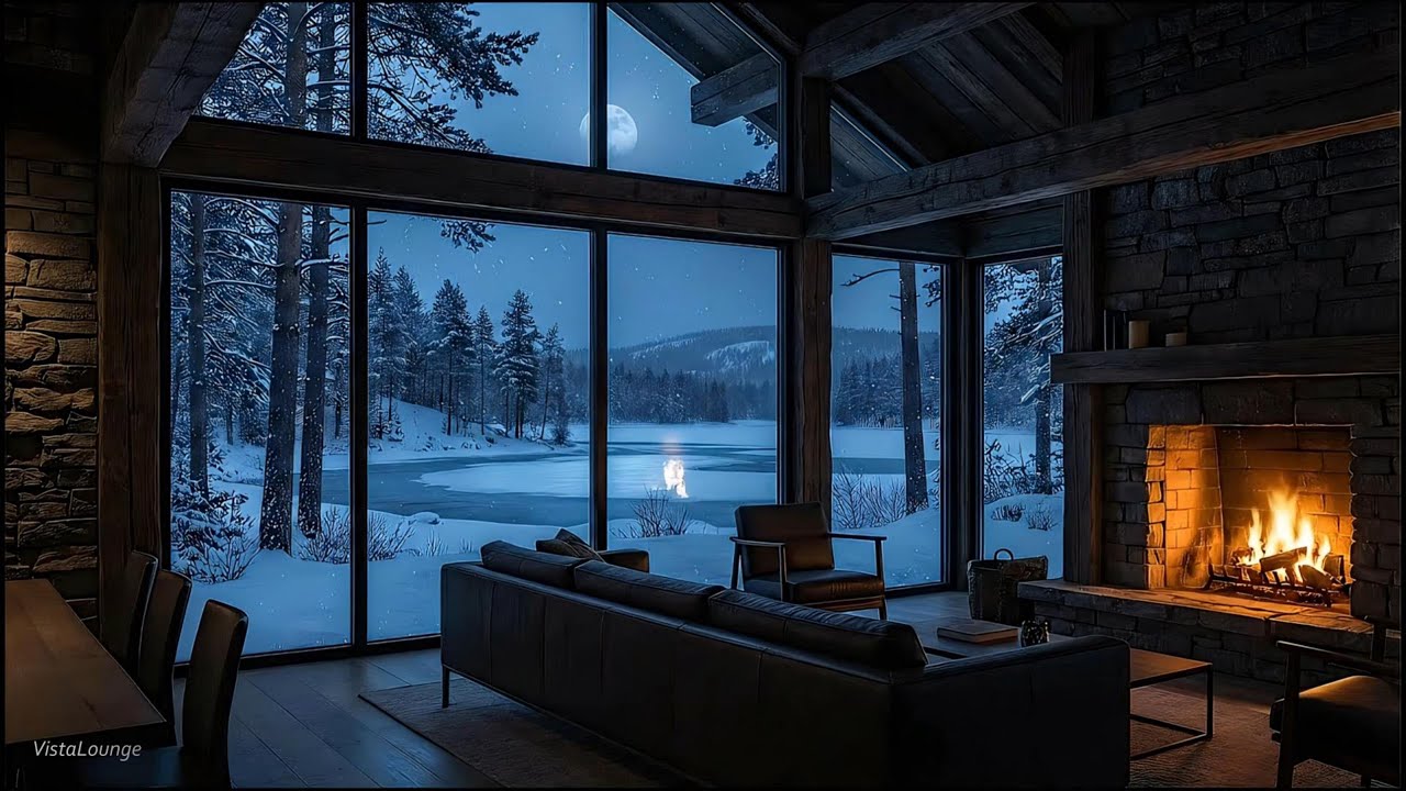 Jazz de Refugio Invernal | Chalet de Lujo con Chimenea, Nieve y Luna Velada (Bosque Nocturno)