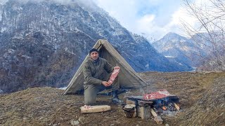 Solo Bushcraft Survival & Winter Camping At 4430 Meters Snowy Mountain!