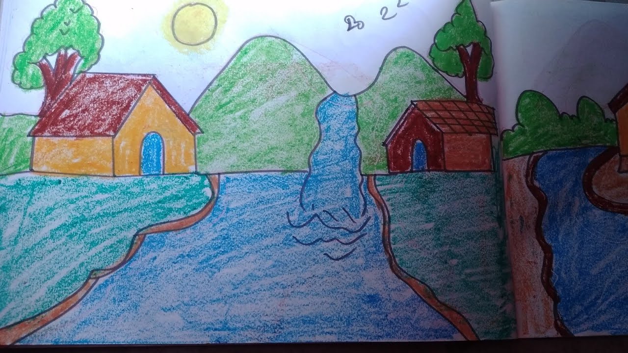 Sundar Ghar ped paudhon pahad Surya ka Chitra banana aasani se sikhe