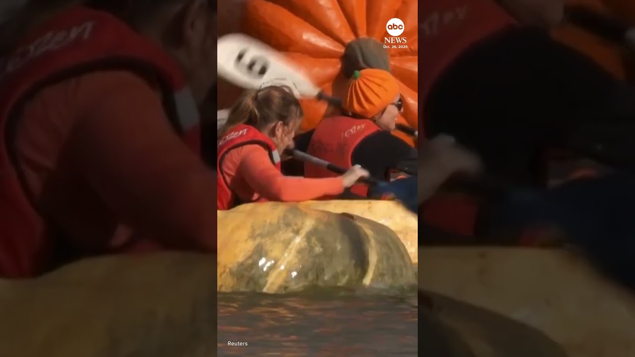 Paddlers race in boats carved from pumpkins in annual Belgian tradition