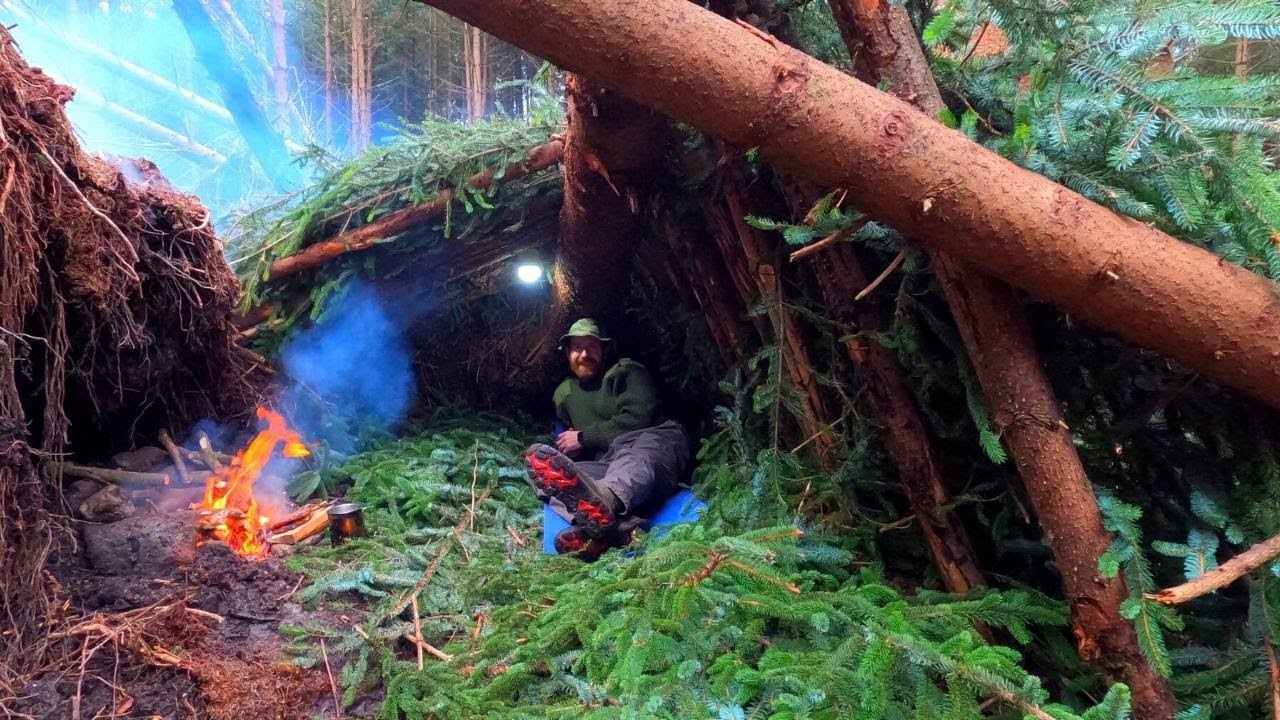 Bushcraft survival shelter in a STORM-DAMAGED FOREST | Salted ribeye ...