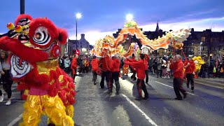 2020 Chinese New Year (Rat) parade with Dragon & Lions over river Tay in the City of Perth, Scotland