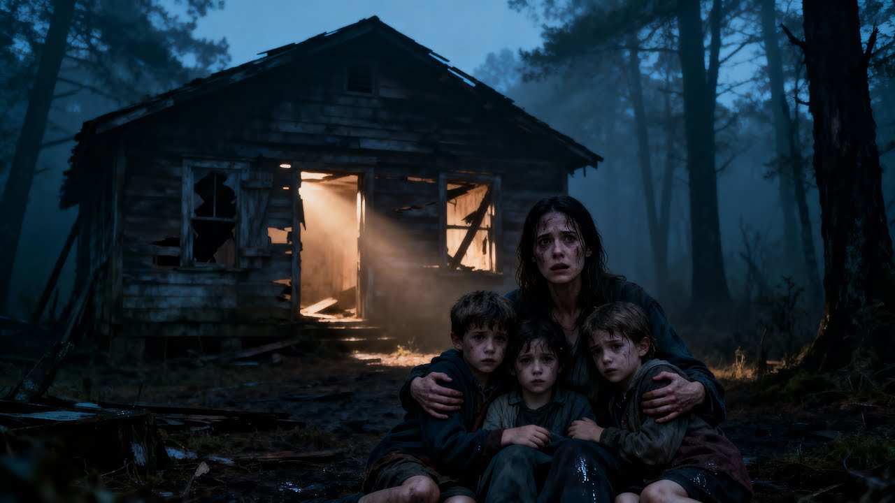 Una madre y sus tres hijos en una cabaña abandonada y el granjero ...
