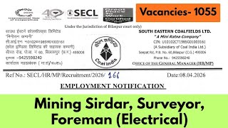 SECL Recruitment 2026 | 1000+ Vacancies | Mining Sirdar, Dy Surveyor, Ass. Foreman | Coal India Jobs