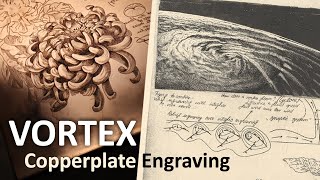 Vortex - Copperplate Engraving Print with Cyclone and Chrysanthemum by printmaker Reinis Gailitis