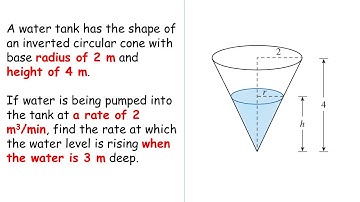 [Stewart 4.Ex3] A water tank has the shape of an inverted circular cone with base radius of 2 m and