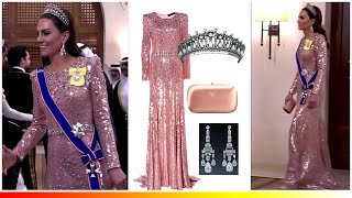 Catherine Dazzling Lover&#39;s Knot Tiara And Pink Sequin Gown At Royal Wedding Reception In Jordan