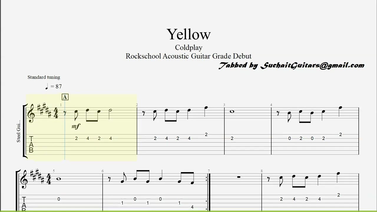 Yellow (guitaronly track) Coldplay. Rockschool Acoustic Guitar Grade