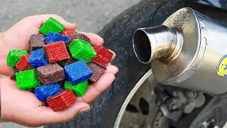 EXPERIMENT COLORFUL CANDY CUBE IN 100°C MOTORCYCLE EXHAUST