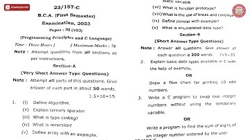 BCA 1ST SEM PROGRAMMING PRINCIPLES AND C LANGUAGE C 2023 | VBSPU