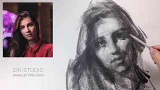 Drawing portrait in charcoal.