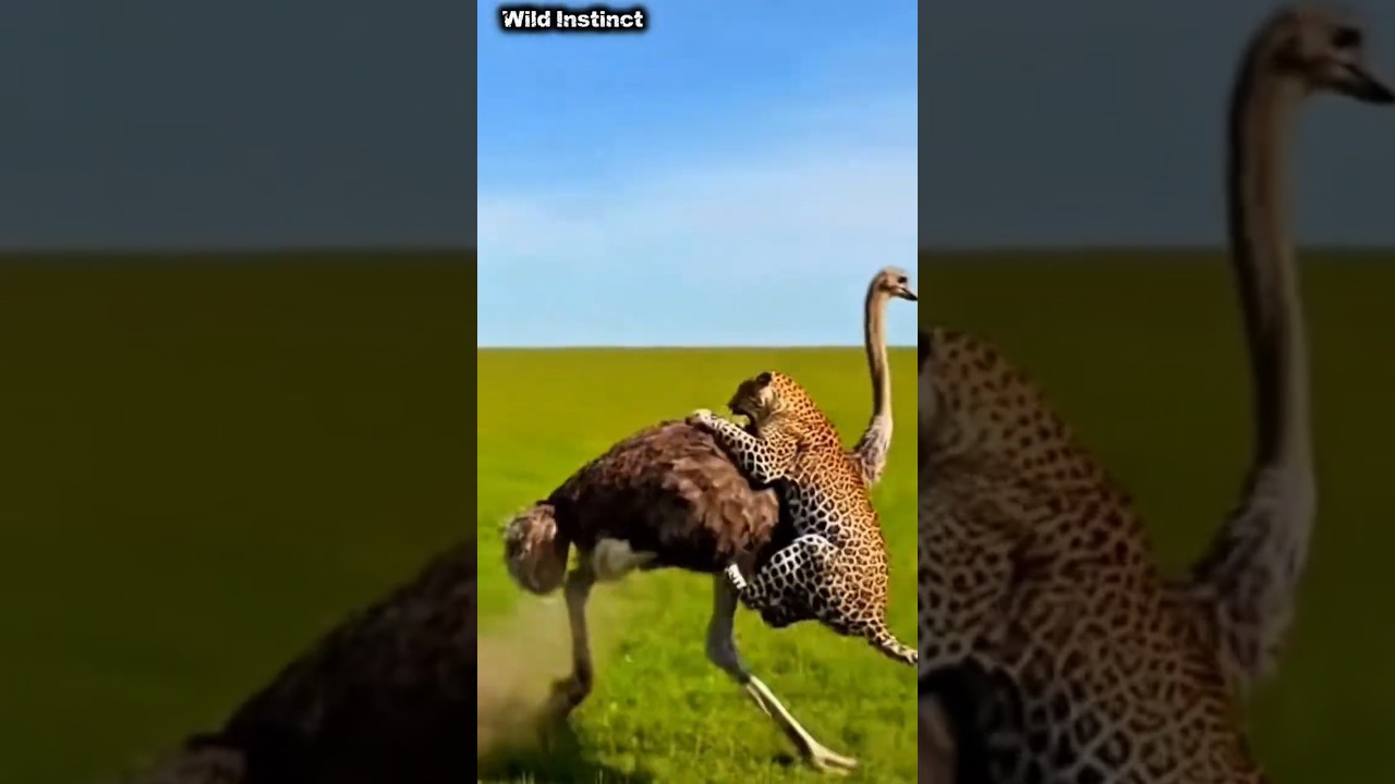 Feather Fury. Male Ostrich Defends Flock, Punches Leopard.깃털 분노. 수컷 타조 무리 지키며 표범 펀치 날려.