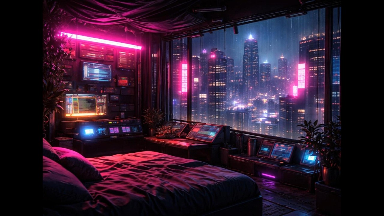 Cyberpunk Rain in a Futuristic Bedroom 🌧 Neon Megacity Ambient for Deep Focus