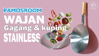 Pamosroom Wajan Gagang Kayu Stainless Tahan Panas Panci Penggorengan Tebal Anti Lengket Kuali 38cm