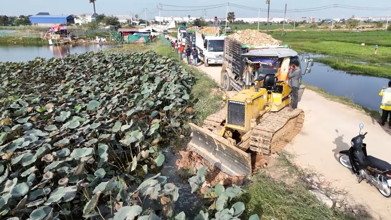 Wonderful Start.! Skilled KOMATSU Bulldozer & Dump Trucks in Land Filling | Pushing Stone and Soil