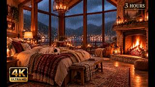 Cozy Rainy Bedroom 4K | Sleeping Bull Terrier & Crackling Fireplace  | 3 Hours Rain Sounds