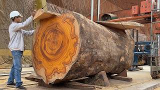 Giant Precious Log Cut into Perfect Premium Planks at Wood Processing Plant!